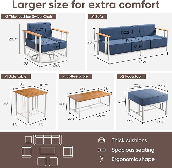 Patio Furniture Set of 7,with 6-inch Thick Cushion Outdoor Furniture Set,Patio Chair Set with Sofa,Wood Grain - Photo 2