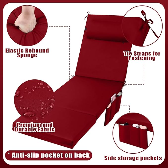 RattanView 2 Pcs Outdoor Chaise Lounge Cushion with Pillow and Side Pockets Waterproof Lounge Chair Cushions for Outdoor Furniture Patio Lounger Pad for Outside Pool Lawn (Brick Red,72 x 21 x 4)