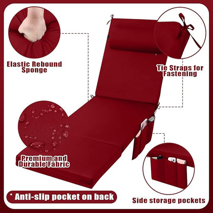 RattanView 2 Pcs Outdoor Chaise Lounge Cushion with Pillow and Side Pockets Waterproof Lounge Chair Cushions for Outdoor Furniture Patio Lounger Pad for Outside Pool Lawn (Brick Red,72 x 21 x 4)