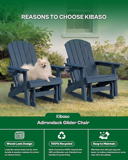 3-Position Adjustable Adirondack Chair with Cup Holder Set of 2, HDPE All-Weather Outdoor Glider Chair, Wood-Grain Fire Pit Chairs for Pool, Yard, Deck (Blue)