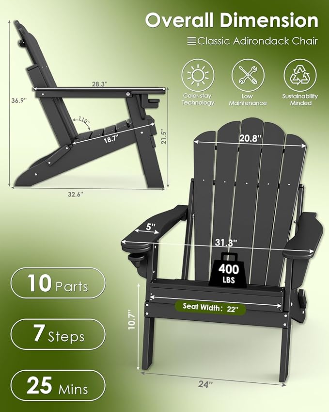 GREENVINES Oversized-Folding-Adirondack-Chairs-Set-of-2 | HDPE Plastic | Cup Holder | Fire Pit Chair | All Weather | for Outdoor Deck Backyard | Black