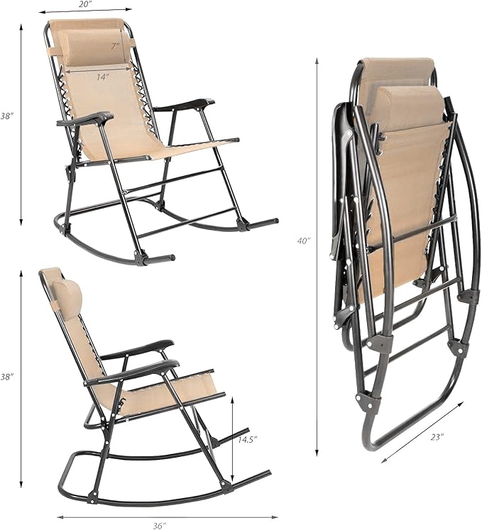 Devoko Patio Rocking Zero Gravity Chair Outdoor Wide Recliner Chair for Lawn Beach Camping Poolside with Headrest Pillow (Beige)