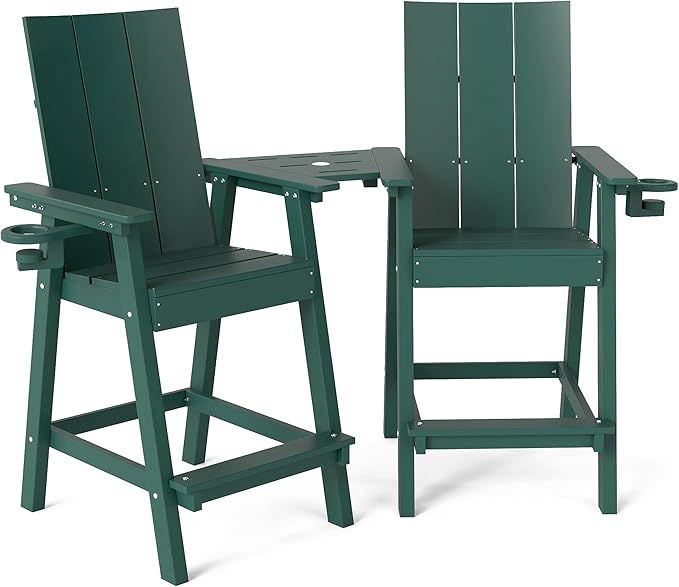 Tall Adirondack Chair Set of 2, HDPE Balcony Chairs with Connecting Tray, Two Cup Holders, All-Weather Adirondack Bar Stools for Patio, Balcony, Backyard, Poolside, Dark Green