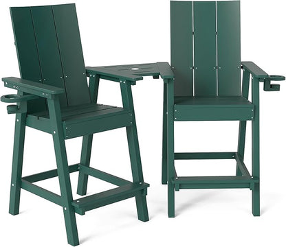 Tall Adirondack Chair Set of 2, HDPE Balcony Chairs with Connecting Tray, Two Cup Holders, All-Weather Adirondack Bar Stools for Patio, Balcony, Backyard, Poolside, Dark Green