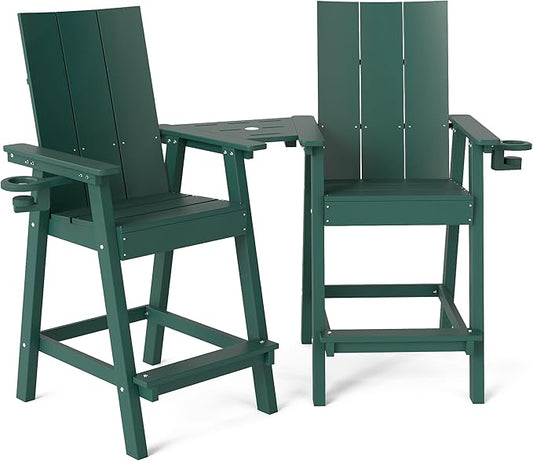 Tall Adirondack Chair Set of 2, HDPE Balcony Chairs with Connecting Tray, Two Cup Holders, All-Weather Adirondack Bar Stools for Patio, Balcony, Backyard, Poolside, Dark Green