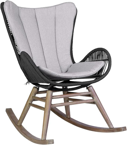Armen Living Fanny Outdoor Patio Rocking Chair in Light Eucalyptus Wood and Charcoal Rope