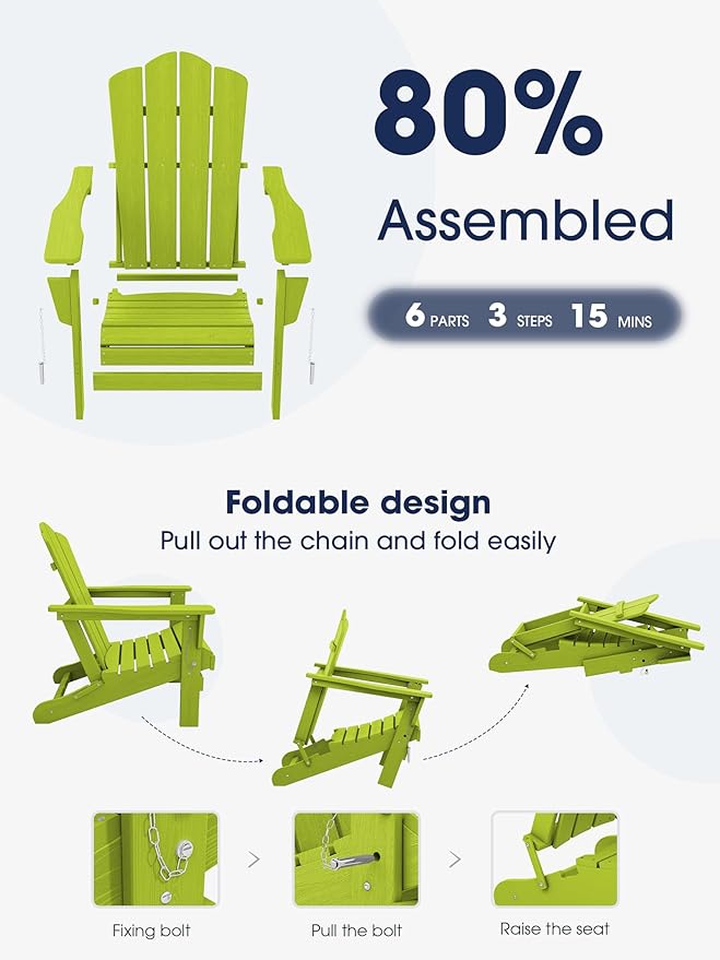 KINGYES Folding Adirondack Chair Set of 8, HDPE All-Weather Folding Adirondack Chair, Apple - Photo 5
