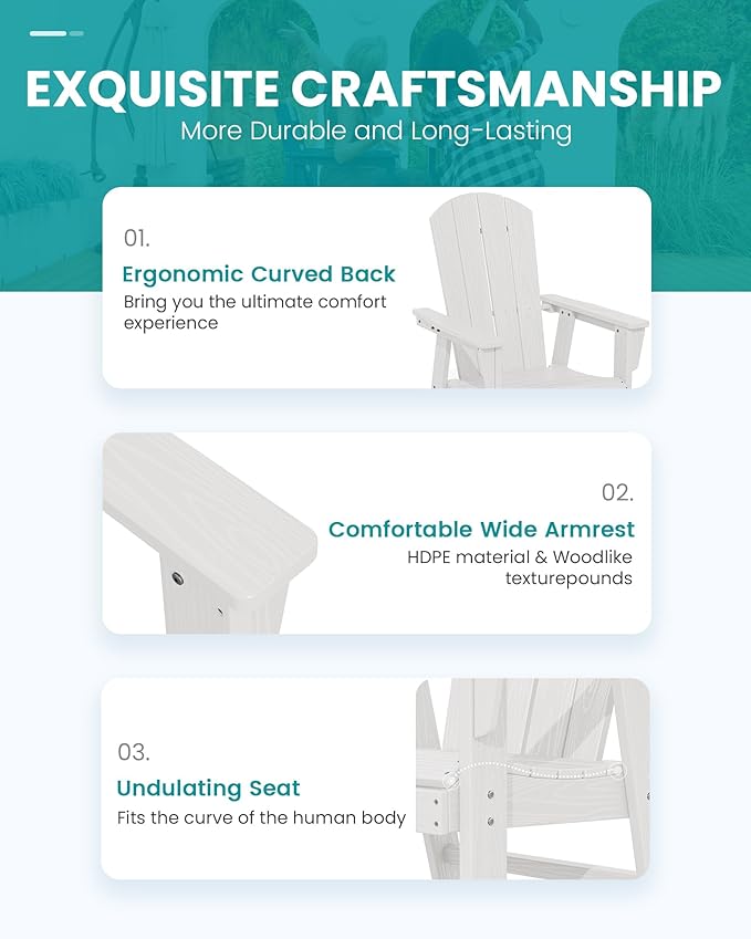 SERWALL Outdoor Adirondack Dining Chair Set of 2, All Weather HDPE Patio Chairs, White