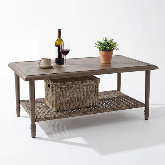 Outdoor Coffee Table Rectangular, Metal&Wicker Patio Table for Outside, Outdoor PE Wicker Coffee Table, All-Weather Coffee Side Table with Storage, Patio Furniture for Patio Balcony Porch (Brown)