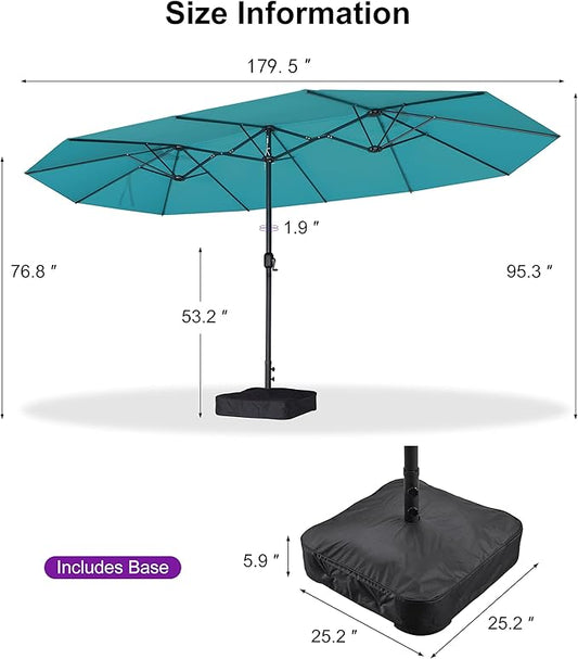 PURPLE LEAF Patio Oversized Chaise Lounge with 15FT Umbrella Outdoor Lounge Chair Beach Pool Sunbathing Lawn Lounger, Base and Side Table Included, Turquoise Blue