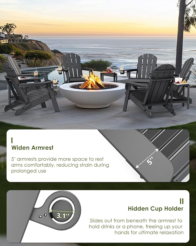 GREENVINES Folding-Adirondack-Chair | HDPE Plastic | Fire Pit Chairs | All Weather | Cup Holder | Grey | for Deck Backyard Patio Outdoor Garden