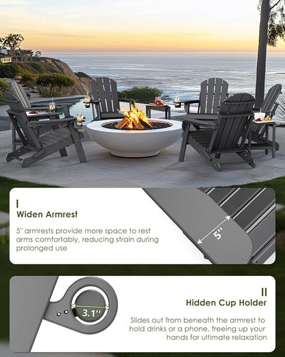 GREENVINES Folding-Adirondack-Chairs-Set-of-6 | HDPE Plastic | Fire Pit Chair | All Weather | Cup Holder | Grey | for Deck Backyard Patio Outdoor Garden
