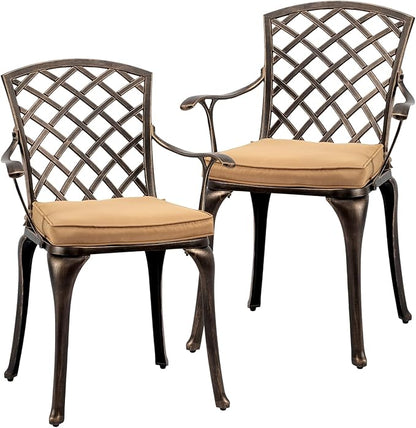 VINGLI Patio Chairs Set of 2, All-Weather Cast Aluminum Outdoor Dining Chairs with Cushion, Metal Armchairs for Poolside, Backyard, Balcony