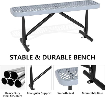 4 Feet Outdoor Steel Bench, Gray Heavy Duty Metal Park Bench for Outside, Weatherproof Dock Bench, 48" L Commercial Benches Mesh Bench for Shopping Mall, Store, Lawn, Park, Patio, Deck, Garden