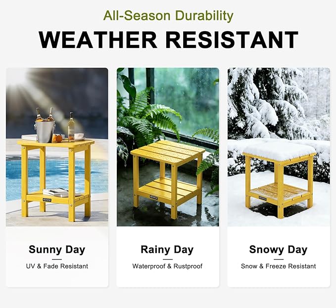 Outdoor Side Table HDPE Small Outdoor End Table Patio Side Tables Square for Backyard Pool Porch Balcony Double Layer Storage, Yellow (Wood Grain Finish)