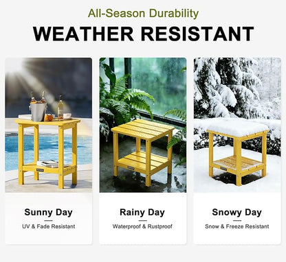 Outdoor Side Table HDPE Small Outdoor End Table Patio Side Tables Square for Backyard Pool Porch Balcony Double Layer Storage, Yellow (Wood Grain Finish)