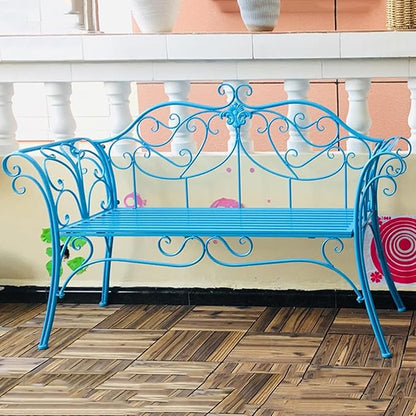 52" Patio Garden Bench, Outdoor Retro Park Benches, Metal Bench Chair 2 Seaters with Backrest and Armrest, for Yard, Porch, Lawn, Backyard, Assembly Max 250kg (Color : Blue)