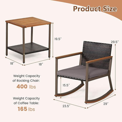 HAPPYGRILL 3-Piece PE Rattan Outdoor Rocking Chair Set with Coffee Table, Gentle & Smooth Rocking, Soft Seat Cushions, Ergonomic Design, Relaxing & Dining Conversation Set