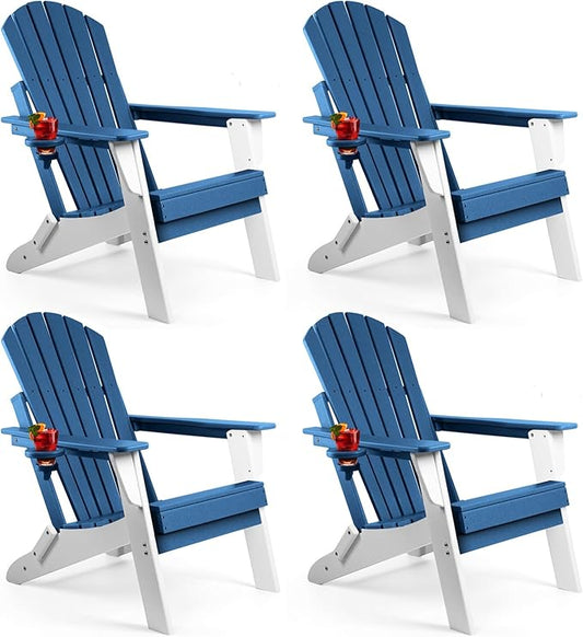 FUNBERRY Folding Adirondack Chair Set of 4, Blue & White All Weather HDPE Fire Pit Chairs with Cup Holder for Outdoor