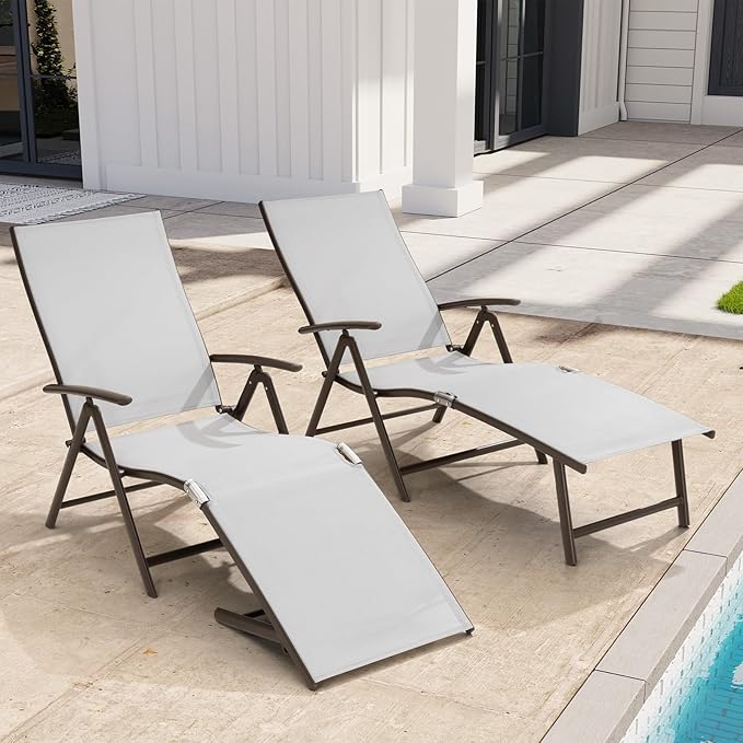 Crestlive Products Chaise Lounge Chair Outdoor Set of 2, Aluminum Folding Patio Recliner Chair, Adjustable 8 Positions Assemble-Free Perfect for Beach, Yard, Pool, Deck
