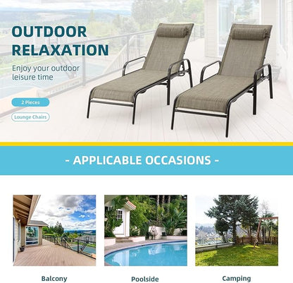 EROMMY Patio Chaise Lounge, Set of 2 Outdoor Lounge Chair, for Beach Pool Sunbathing Lawn Pool Lounge Chairs Outside Tanning Chairs for All Weather