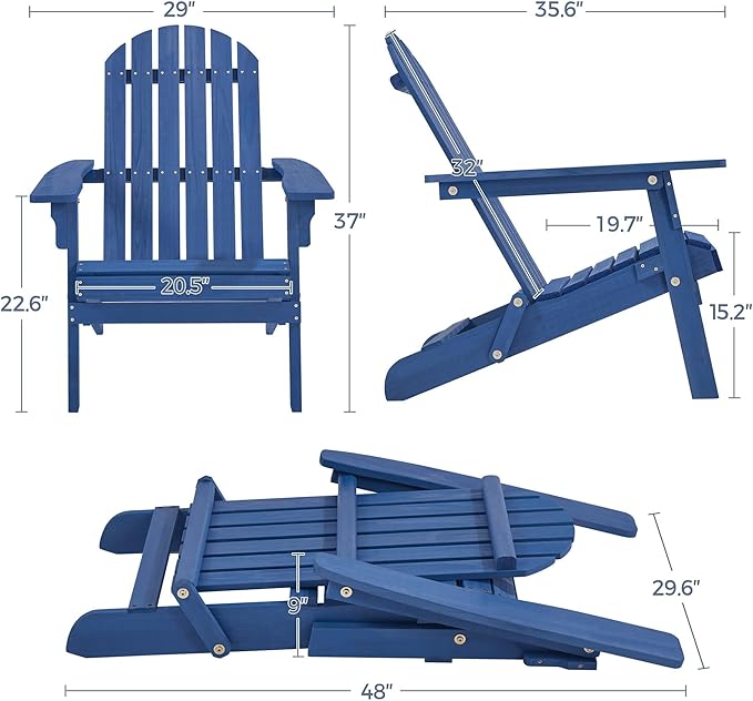 Yaheetech Folding Adirondack Chair Set of 1 Outdoor, 300LBS Solid Wood Garden Chair Weather Resistant, Fire Pit Lounge Chairs for Garden/Yard/Patio/Lawn, Blue
