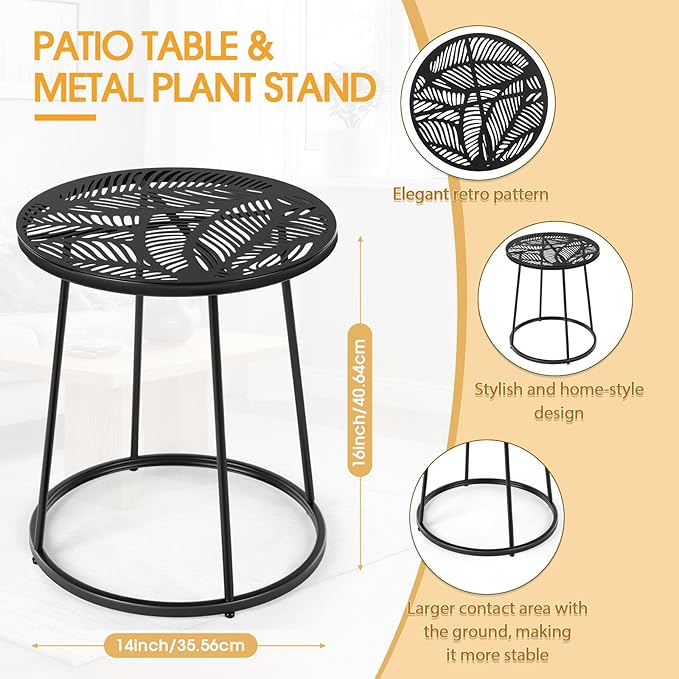 Outdoor Side Table with Flower Cut Outs 14" Weather Resistant Metal Patio Side Tables Small Plant Stand Round Outdoor End Table for Patio Outside Porch Balconies Garden(Black,Tropical Leaf)