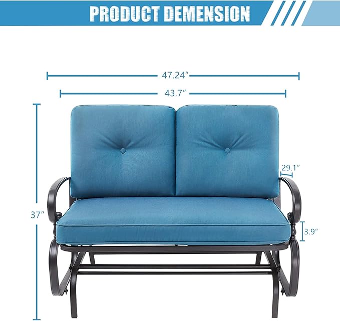 Patio Bench, Porch Glider Outdoor Swing Glider Rocking Loveseat, Steel Frame Chair with Thick Cushion (Peacock Blue) - Photo 6