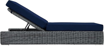 Modway Summon Wicker Rattan Aluminum Outdoor Patio Poolside Chaise Lounge Chair with Sunbrella® Fabric Cushions in Canvas Navy