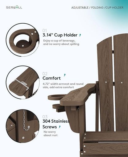SERWALL Folding Adirondack Chair Set of 4, Adjustable Adirondack Chair with 3 Recline Positions, All Weather HDPE Outdoor Adirondack with Cup Holders, Coffee