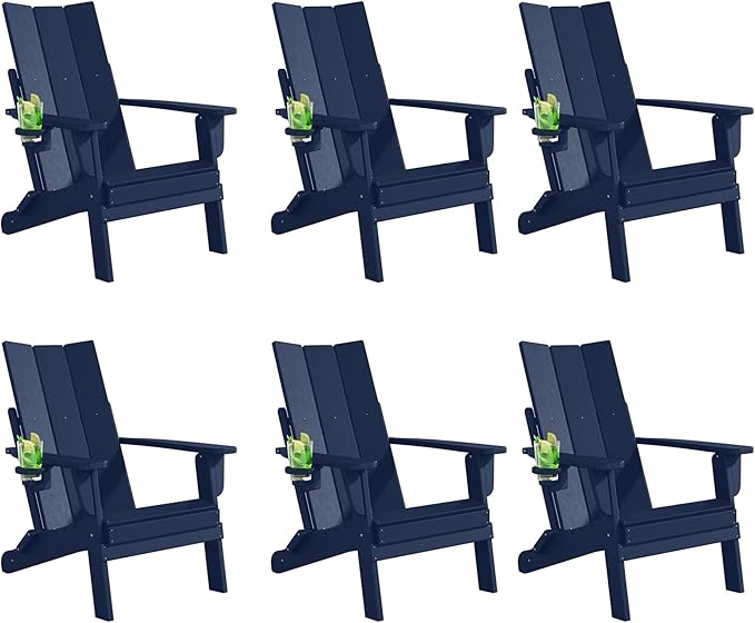 Folding Adirondack Chairs Set of 6, All-Weather Resistant HDPE Patio Firepit Chairs, Sturdy Outside Chairs with Cup Holder, Pre-Installed Lawn Chairs Load Capacity 385lb, Navy Blue