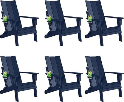 Folding Adirondack Chairs Set of 6, All-Weather Resistant HDPE Patio Firepit Chairs, Sturdy Outside Chairs with Cup Holder, Pre-Installed Lawn Chairs Load Capacity 385lb, Navy Blue