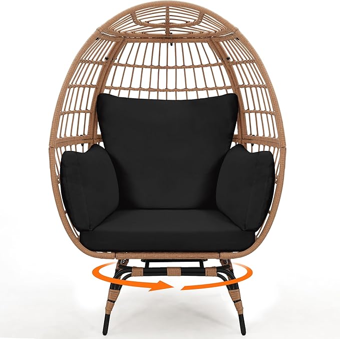 Oversized 360° Swivel Rattan Egg Chair for Adult, Indoor Outdoor Patio Large Wicker Egg Chair with Overstuffed Cushions, 440lb Weight Capacity, Natural Rattan with Black Cushion