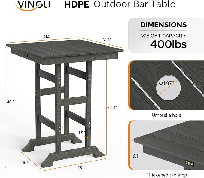 VINGLI 32" Outdoor Bar Table, HDPE Square Patio Bar Height Table with Umbrella Hole All Weather Tall Bistro Table for Patio, Garden, Poolside (Gray)