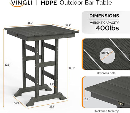 VINGLI 32" Outdoor Bar Table, HDPE Square Patio Bar Height Table with Umbrella Hole All Weather Tall Bistro Table for Patio, Garden, Poolside (Gray)