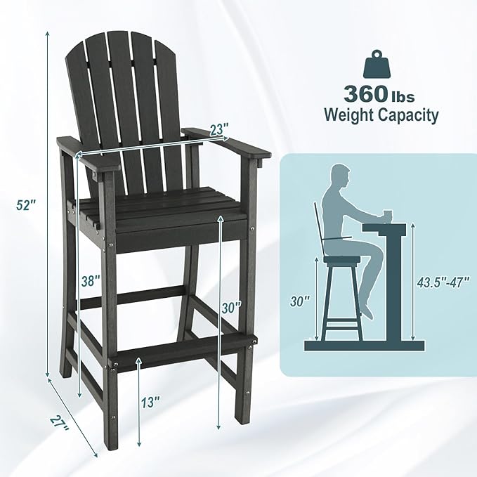 ORALNER Tall Adirondack Chairs, Outdoor High Back Balcony Chair, Weather Resistant HDPE Resin Plastic Bar Height Stools, 360 LBS Lifeguard Chair for Pool Patio Deck Backyard (1, Black)