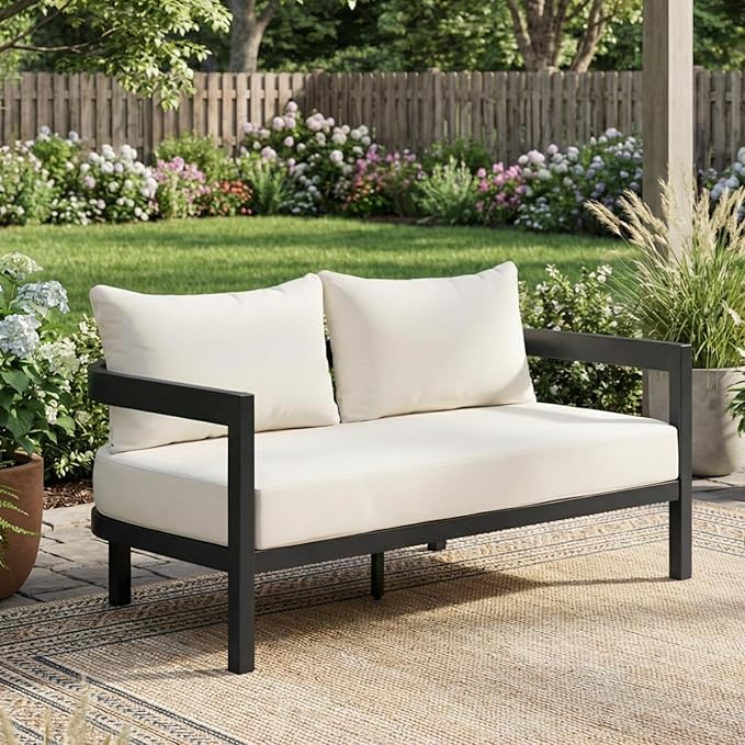 Merax 52.6" Modern Curved-Back Outdoor Aluminum Loveseat, 2-Seater Patio Sofa with Weather-Resistant Cushions for Porch - Photo 1