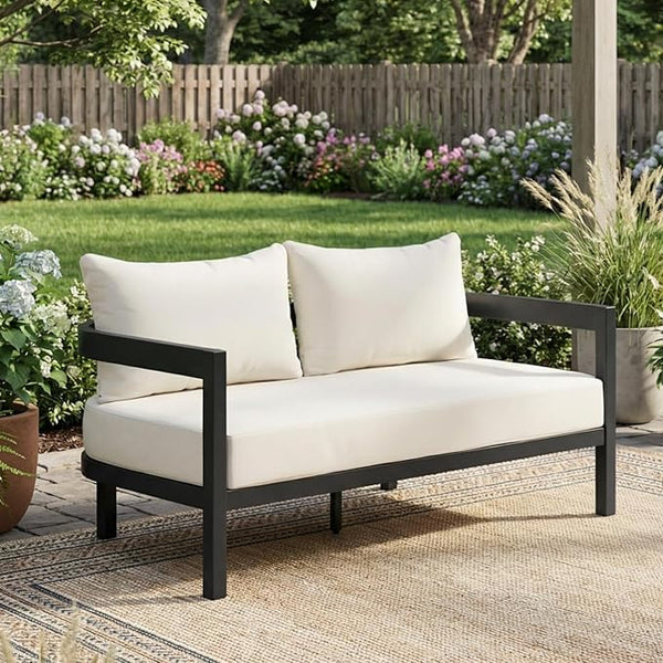 Merax 52.6" Modern Curved-Back Outdoor Aluminum Loveseat, 2-Seater Patio Sofa with Weather-Resistant Cushions for Porch - Photo 1