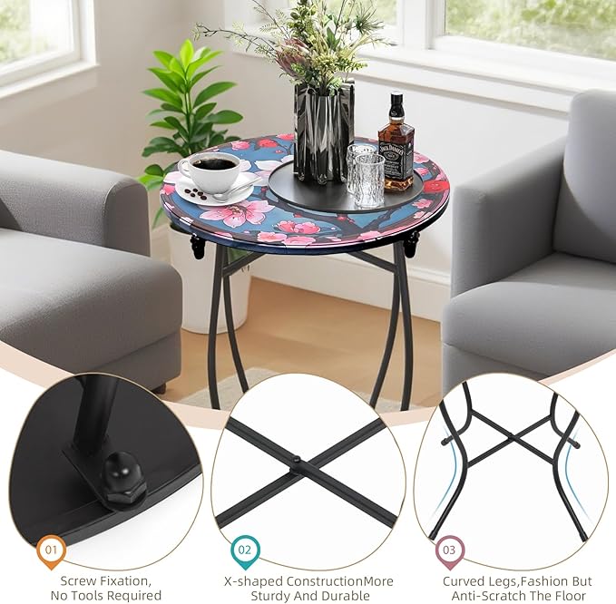Small Outdoor Table, 21 Inch Heigh Weather Resistant Metal Round Outdoor Indoor End Table Side Table for Patio Yard Porch Balcony Garden Bedside, Easy Assemble