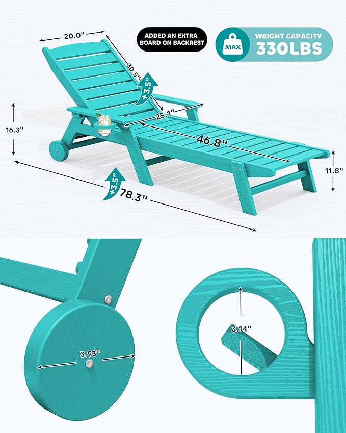 SERWALL Patio Chaise Lounge Chair, 78'' Long HDPE 5 Positions Adjustable Outdoor Lounger - Photo 3