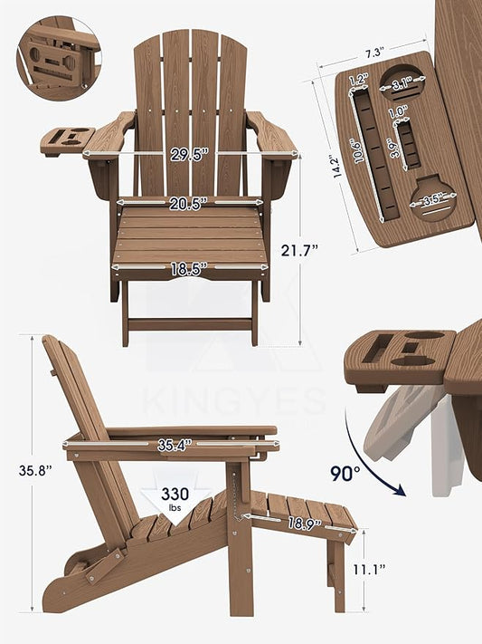 KINGYES Adjustable Folding Adirondack Chair with Footrest & 4-in-1 Multi-Functional Armrest Organizer, HDPE Recliner Adirondack Chair with Pull-Out Ottoman, Brown