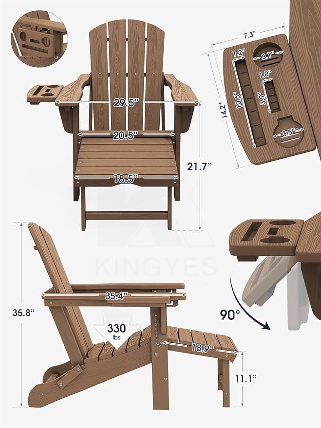 KINGYES Adjustable Folding Adirondack Chair with Footrest & 4-in-1 Multi-Functional Armrest Organizer Set of 2 - Photo 2