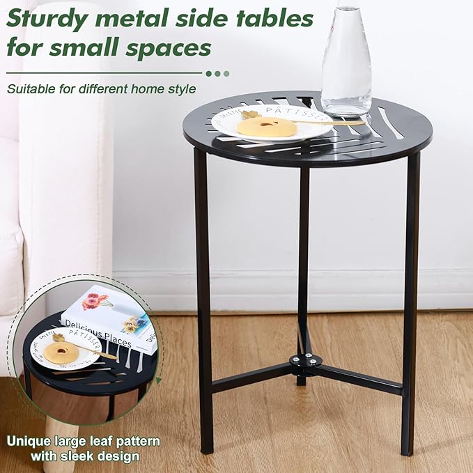Party Zealot Set of 2 Small Round Metal Side Tables 13 Inches Black Outdoor End Tables for Patio, Balcony, Porch or Garden – Weather-Resistant Corner Coffee Table for Small Spaces & Indoor Plant Stand