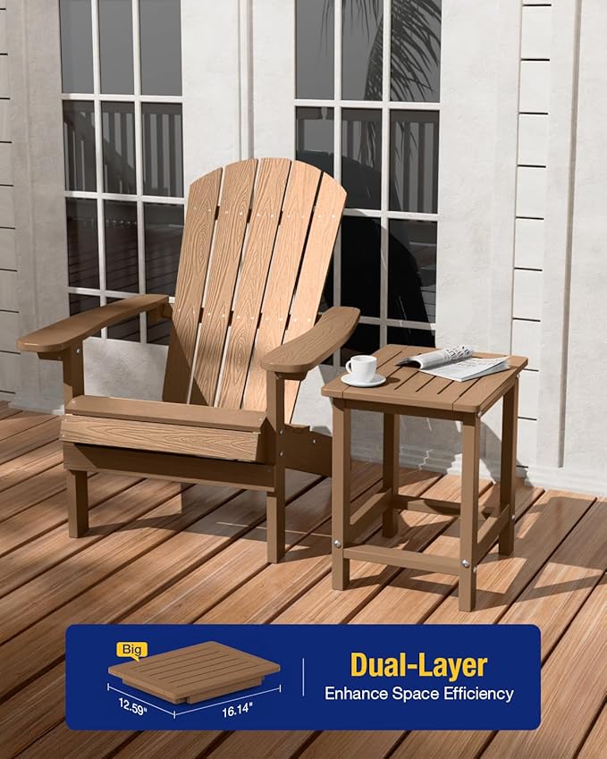 YEFU Outdoor Side Table for Patio: 16" HIPS Weather - Resistant Adirondack Tables - Waterproof Small Square End Tables for Backyard Pool Porch Balcony - Indoor Outdoor Durable Table Teak