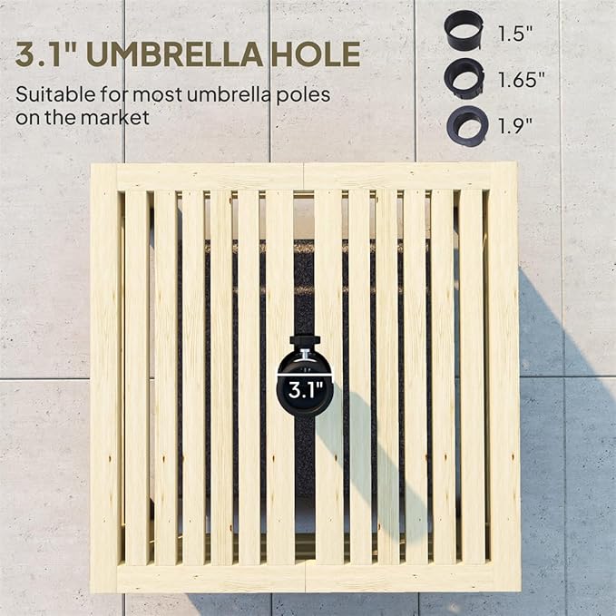 Wooden Outdoor Coffee Table with Umbrella Hole, 24.4 x 24.4 inches, Umbrella Base Stand Storage Box Design, Fir Wood (Natural)