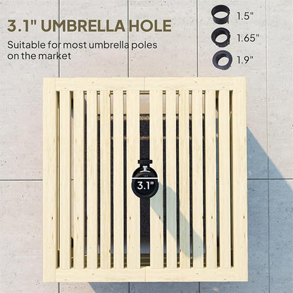 Wooden Outdoor Coffee Table with Umbrella Hole, 24.4 x 24.4 inches, Umbrella Base Stand Storage Box Design, Fir Wood (Natural)