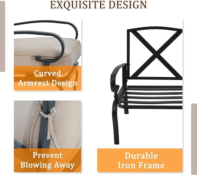 Outdoor 2 Pcs Patio Loveseat Bench Set with Bistro Coffee Table and Patio Steel Frame Sofa with Cushion, Wrought Iron Look, Lawn Front Porch Garden (Brown)