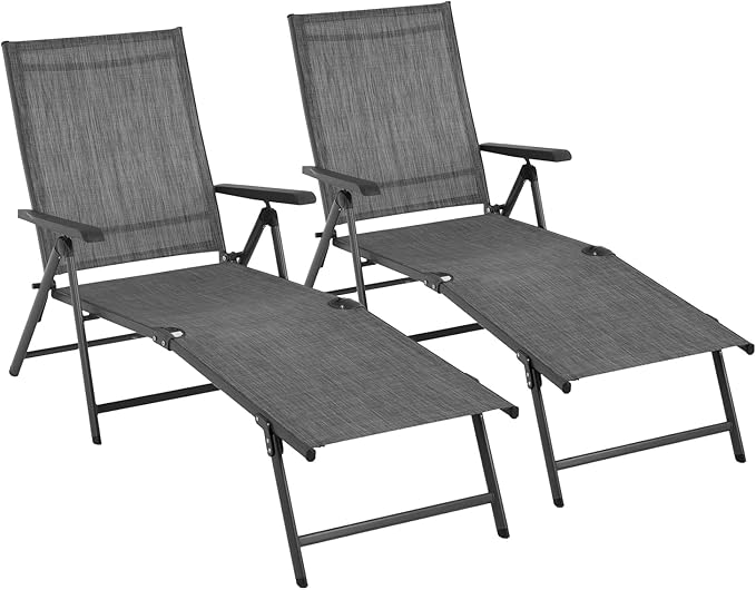 Patio Lounge Chair Chaise Lounges Patio Folding Lounge Chairs for Outside Patio Pool Beach Yard with Adjustable Reclining Lounge Chairs Set of 2 - Gery