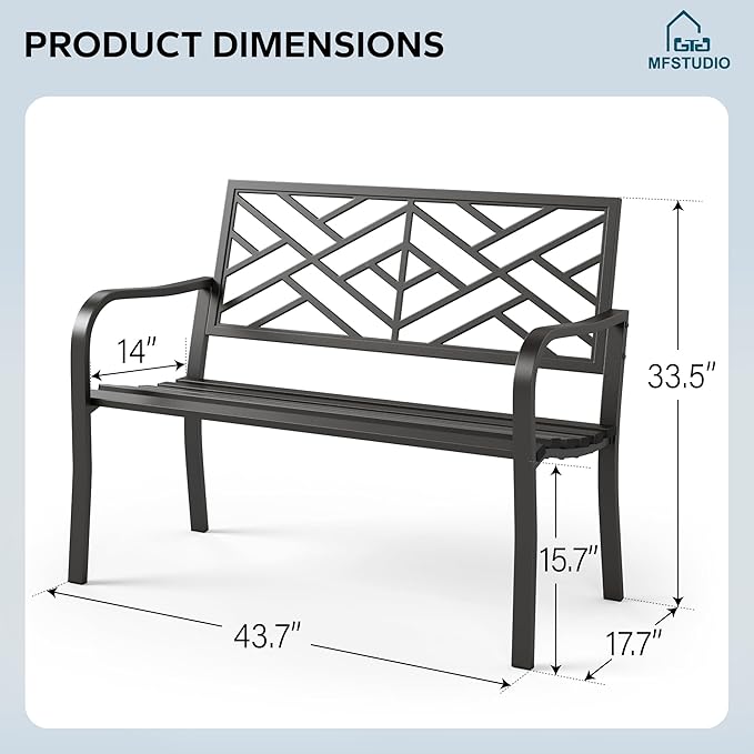 MFSTUDIO Outdoor Metal Bench Set of 2, Garden Patio 43.7 Inches Cast Iron Metal Frame Park Outside Benches with Geometric Pattern Backrest for Front Porch, Black