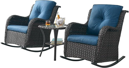 Rilyson Patio Chairs Outdoor Rocking Chair - 3 Piece Wicker Patio Bistro Set Rattan Patio Furniture Rocker Chairs and Side Table for Porch Deck Backyard Garden(Brown/Blue)
